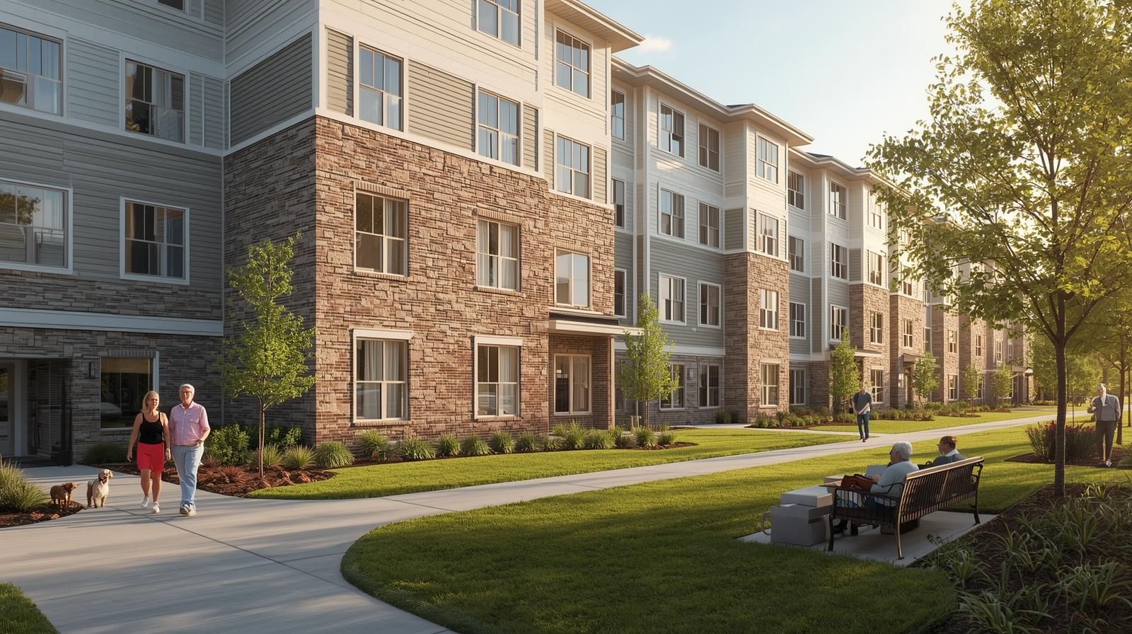 Modern 55+ luxury community at Notchwood Commons in Woodland Park NJ with active adult residents enjoying resort-style amenities and peaceful surroundings.
