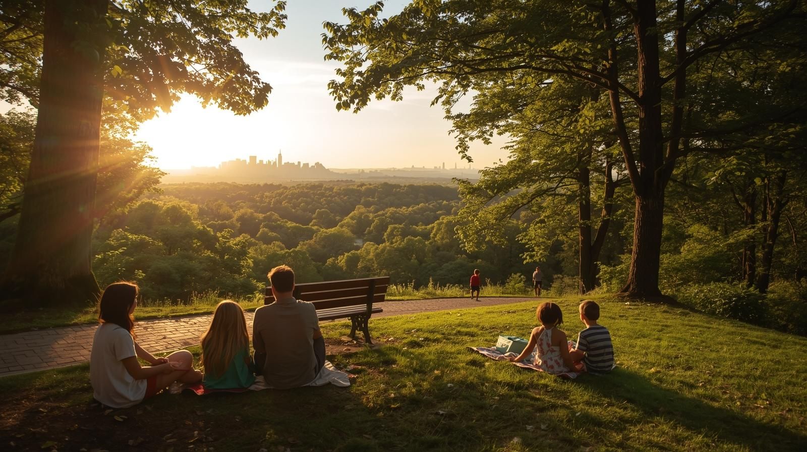 Family enjoying outdoor recreation at Garret Mountain Reservation in Woodland Park NJ with Manhattan skyline view, showcasing the town&rsquo;s parks and suburban lifestyle.
