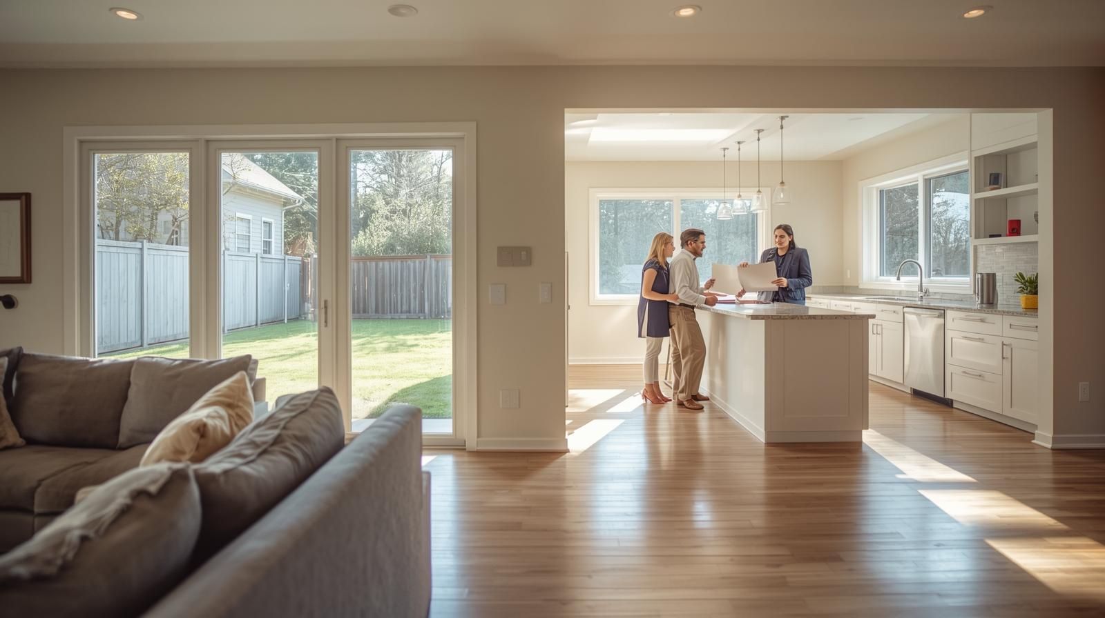 Home buyers and sellers discussing a ranch-style home in Woodland Park NJ with the best realtor in Bergen and Passaic County, featuring an open layout and bright living space.