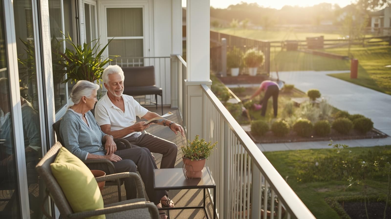 Active adult couple enjoying coffee on a balcony in Woodland Park NJ 55+ luxury community, representing freedom and peace of mind through low-maintenance living.