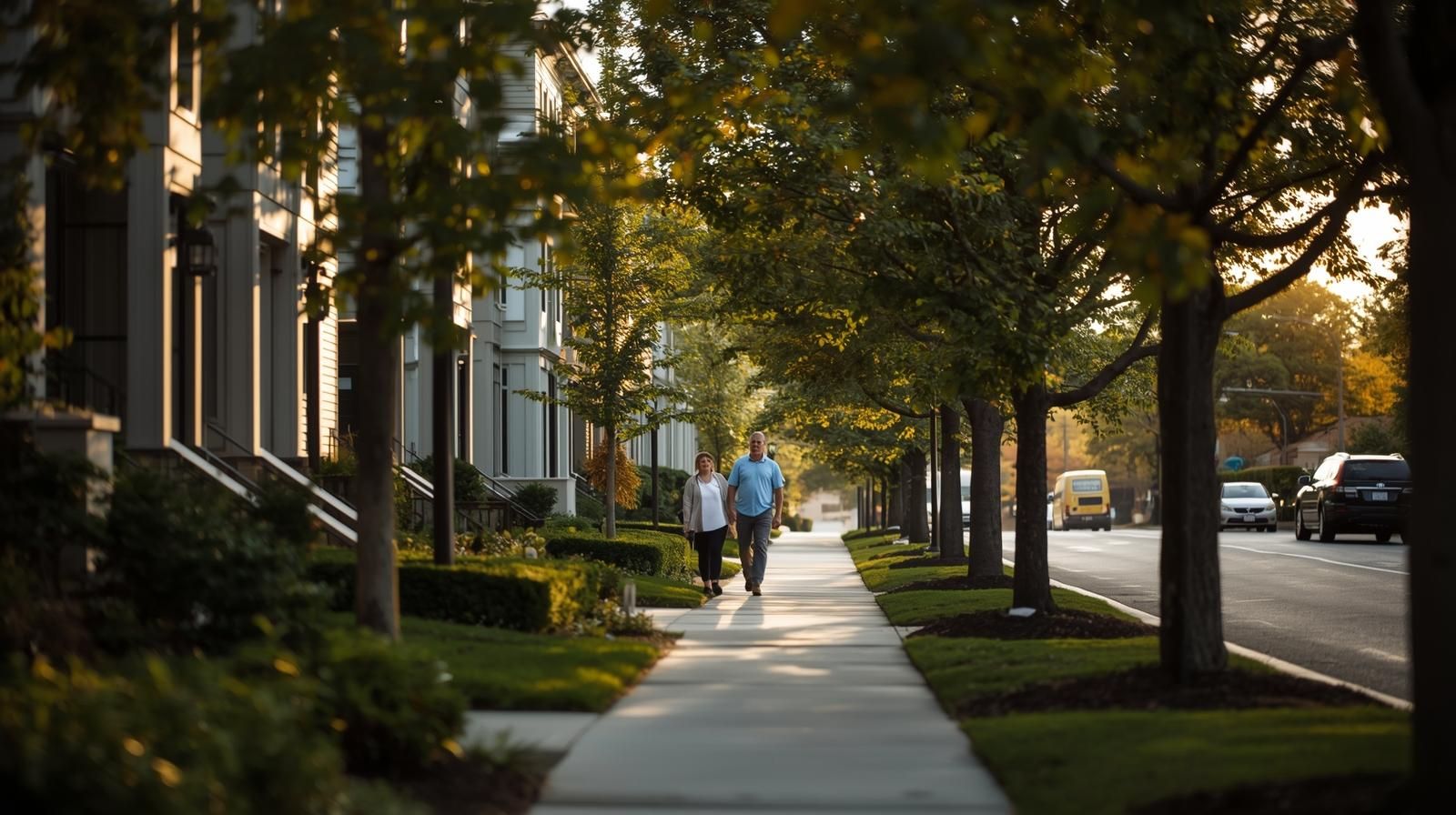 Active adults enjoying a quiet neighborhood in Woodland Park NJ with easy access to NYC, showcasing why the town is ideal for 55+ luxury living.