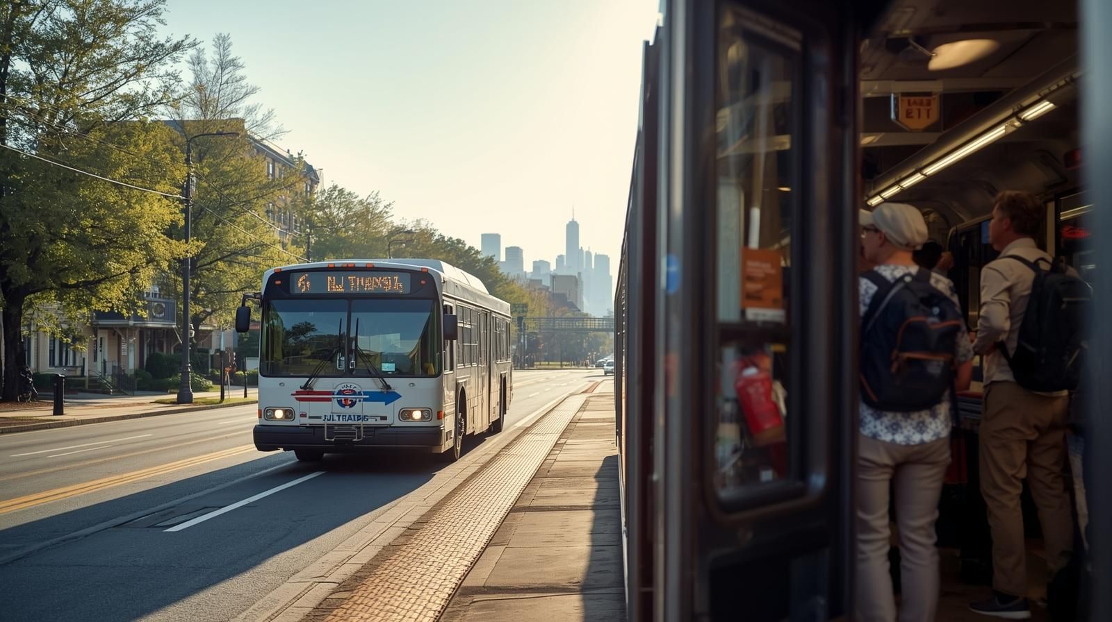 Woodland Park NJ residents boarding an NJ Transit bus to NYC, showcasing reliable public transportation options for stress-free commuting.