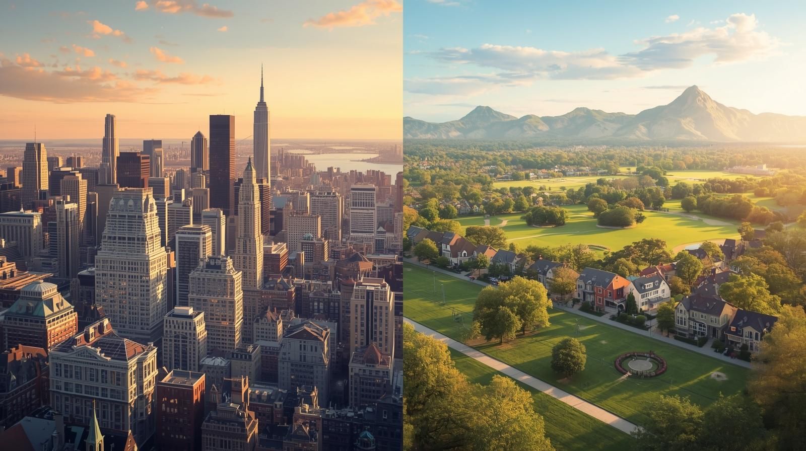 Split-view image showing the contrast between New York City’s skyline and the peaceful suburban landscape of Woodland Park, NJ, highlighting commute and lifestyle appeal.