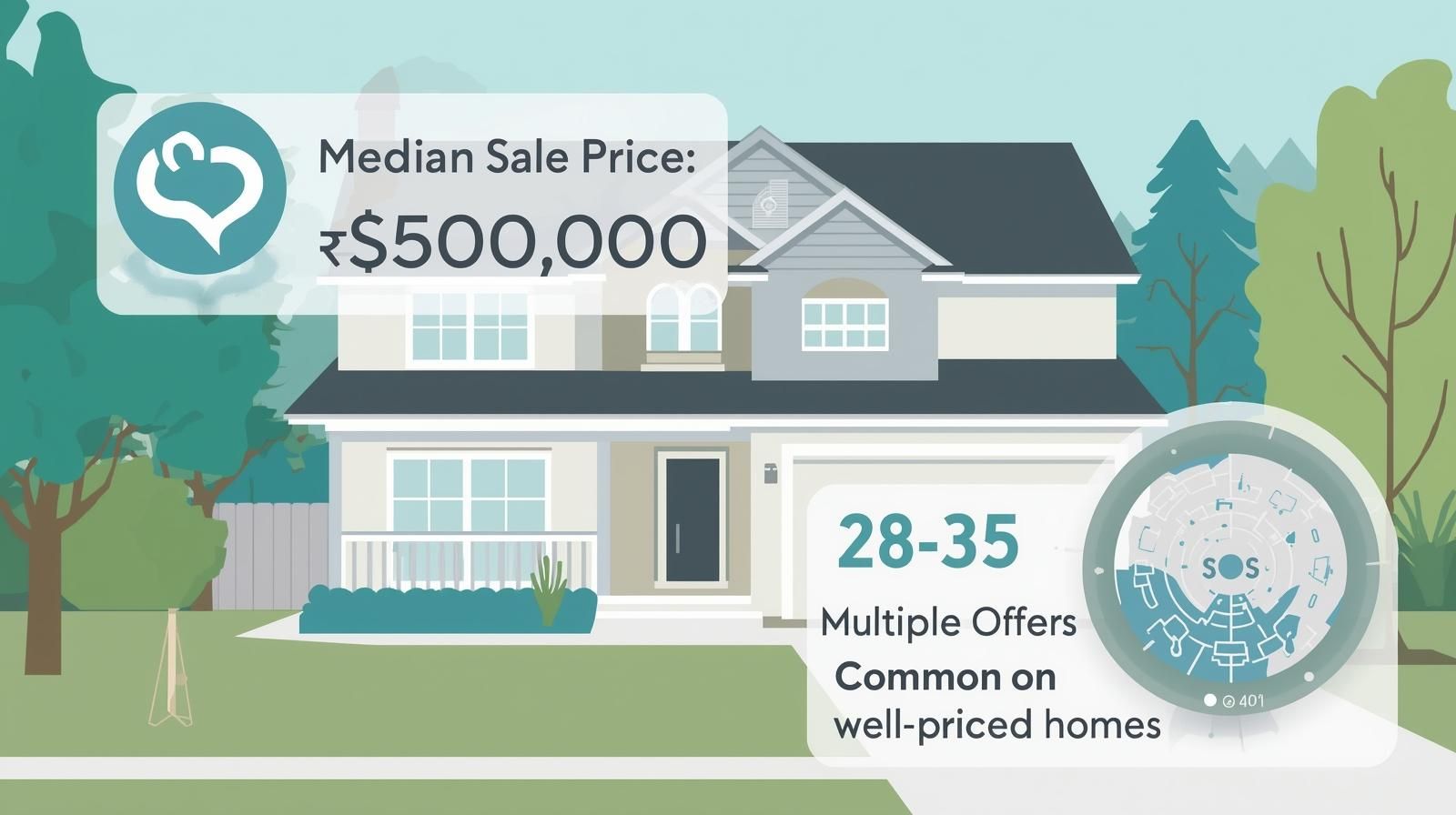 Woodland Park NJ real estate infographic showing median sale price around $550,000 and homes averaging 28–35 days on market.
