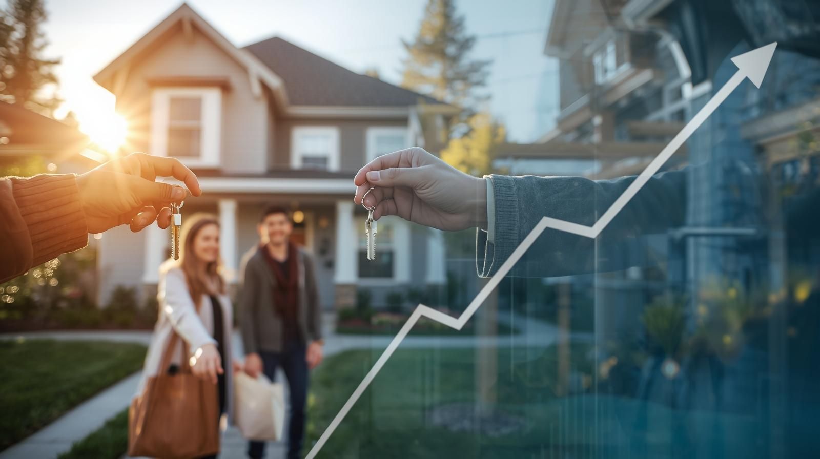 Happy new homeowners receiving house keys in Woodland Park NJ, symbolizing rising home values and strong real estate market trends.