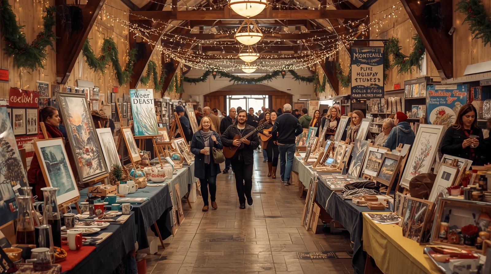 Visitors exploring The Little Show Holiday Art Market in Montclair, NJ, viewing handmade art, jewelry, and ceramics in a festive, family-friendly holiday setting.