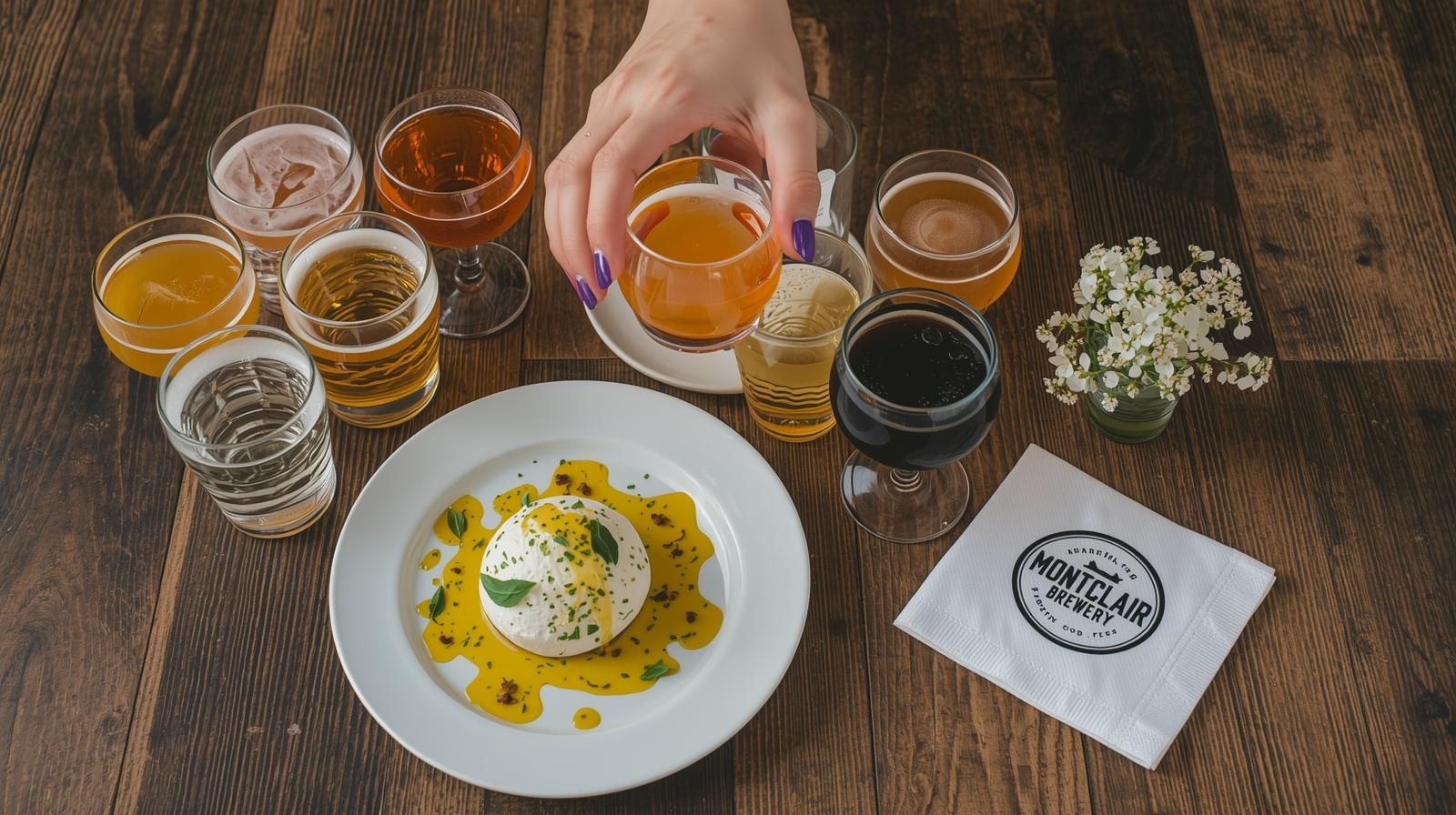 Table setting at Montclair Brewery featuring craft beer flights, mozzarella dishes, and rustic North Jersey d&eacute;cor.