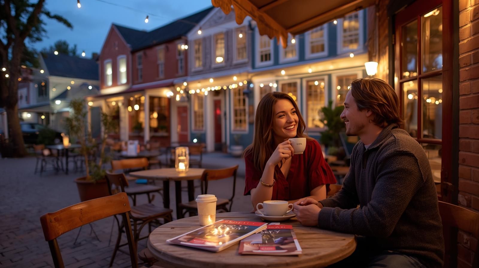 Couple enjoying coffee at a Hoboken caf&eacute; after attending My Italy Story, celebrating local art and culture in North Jersey.