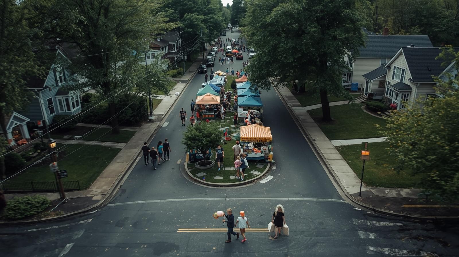 Aerial view of a North Jersey neighborhood with families enjoying a local festival, showing how community events enhance lifestyle and home value.