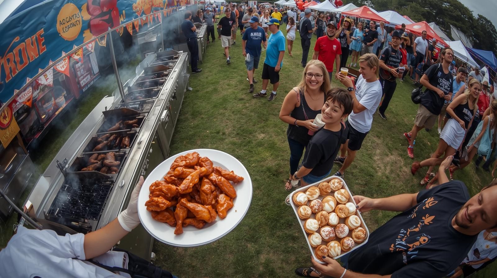 Festivalgoers enjoying the Garden State Wing & Dessert Fest in Morris County, NJ, tasting wings and desserts from local vendors under sunny fall skies.