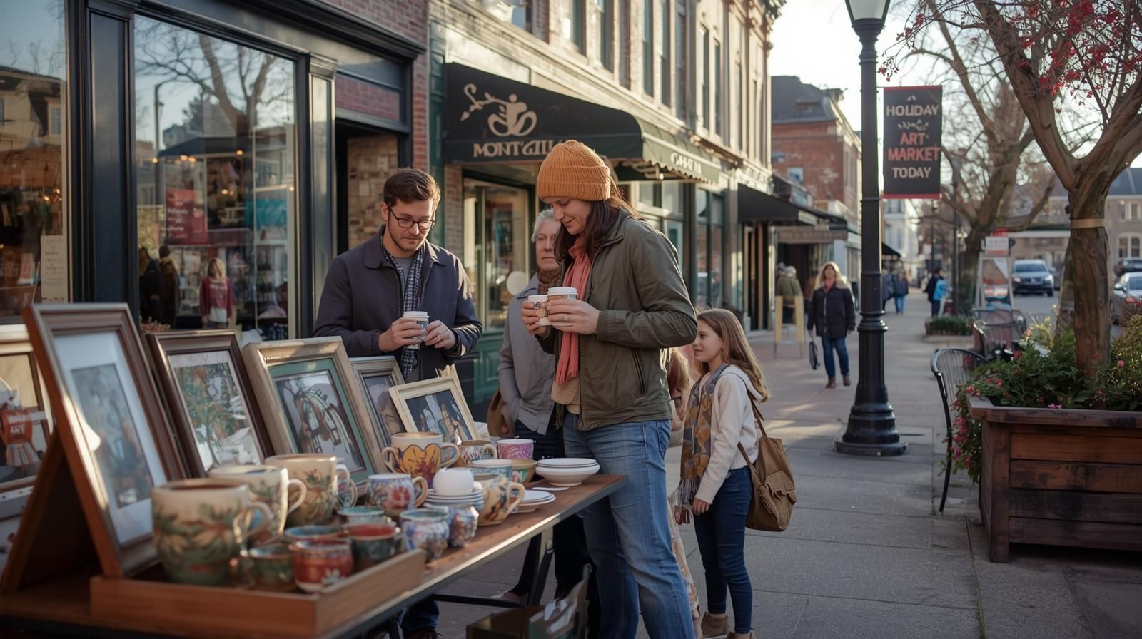 Visitors exploring The Little Show Holiday Art Market in Montclair, NJ, sipping local coffee and shopping for handmade art and d&eacute;cor from North Jersey creators.
