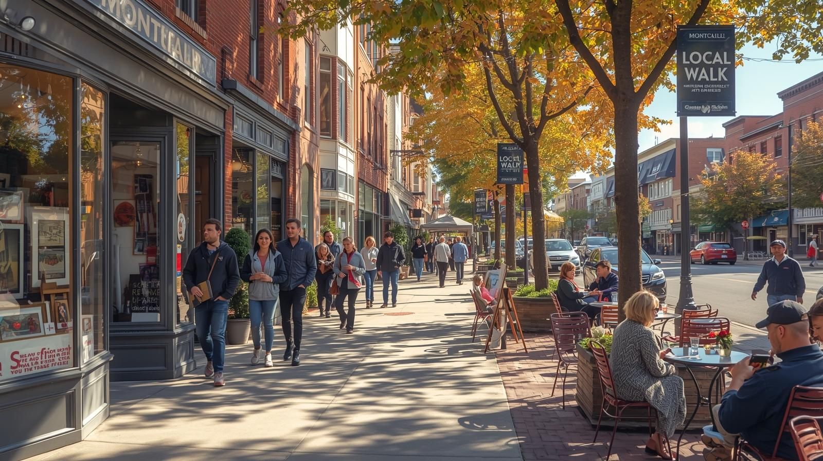 Downtown Montclair residents enjoying local art displays and caf&eacute;s, reflecting the creative lifestyle and strong sense of community that define North Jersey living.