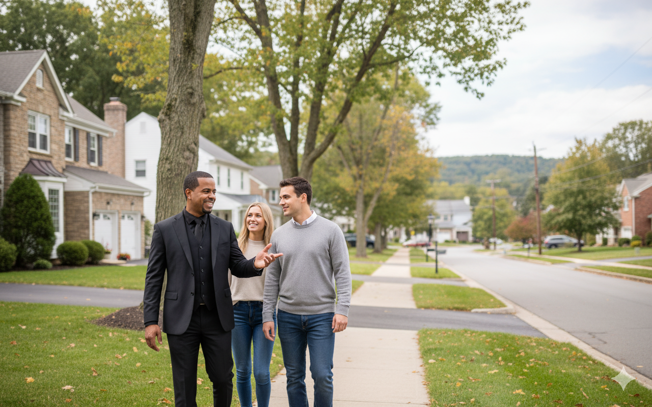 Realtor touring Woodland Park NJ neighborhood with clients, showcasing local housing expertise and market knowledge.