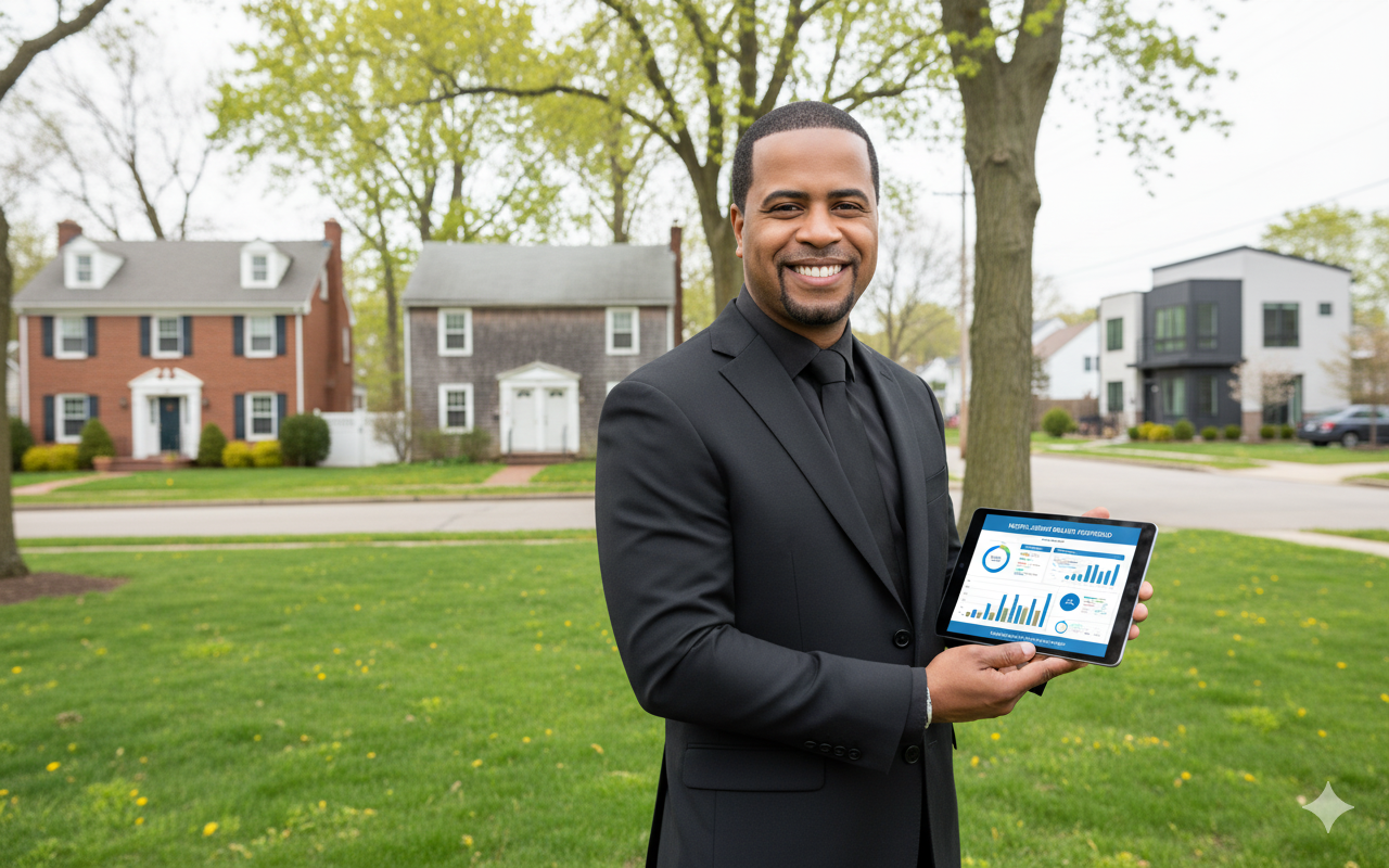Realtor in Woodland Park NJ standing in front of multiple home styles, representing experience with single-family, multi-family, and investment properties.