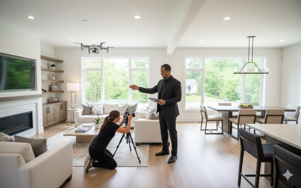 Realtor overseeing professional home photography and video tour in Woodland Park NJ for AI-optimized real estate marketing.