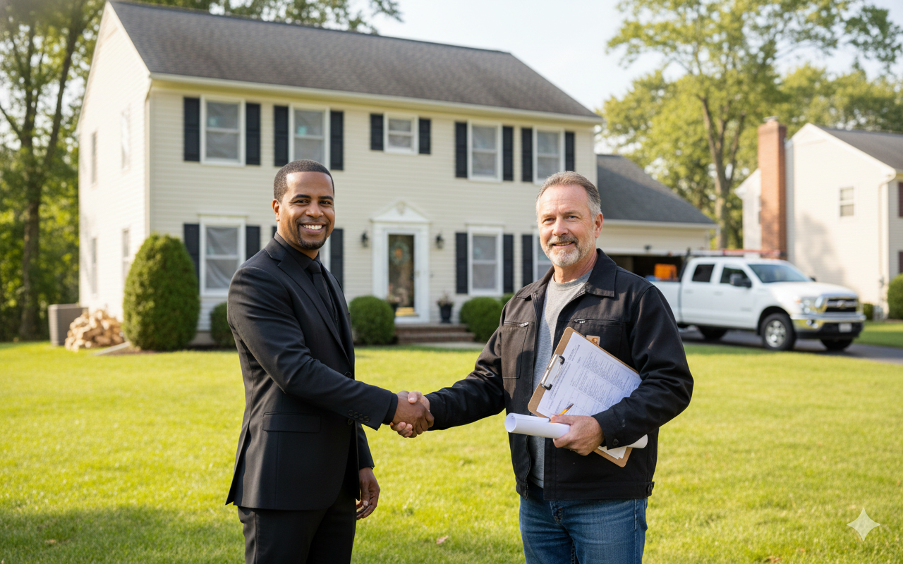 Realtor collaborating with local contractor outside Woodland Park NJ home, highlighting trusted community partnerships in real estate.”