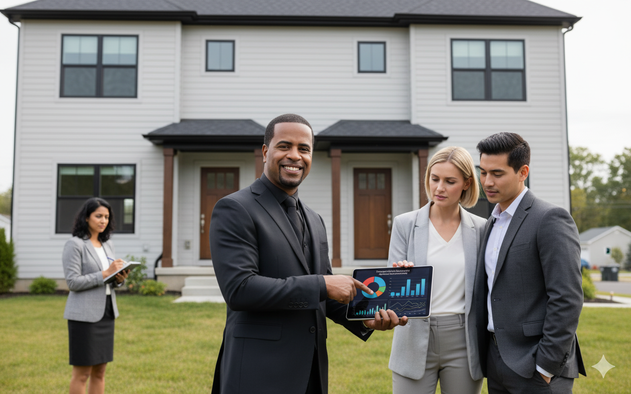 Realtor showing multi-family property insights to buyers and investors in Woodland Park NJ.