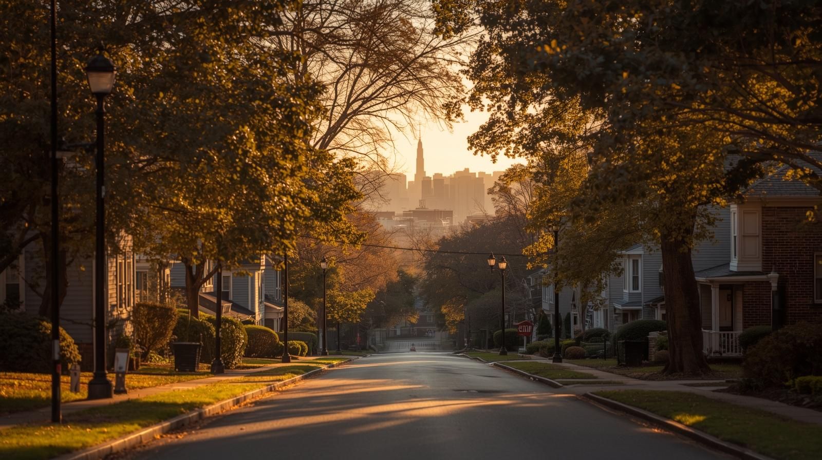 Woodland Park NJ neighborhood with tree-lined streets and distant NYC skyline showcasing suburban lifestyle and location advantage.