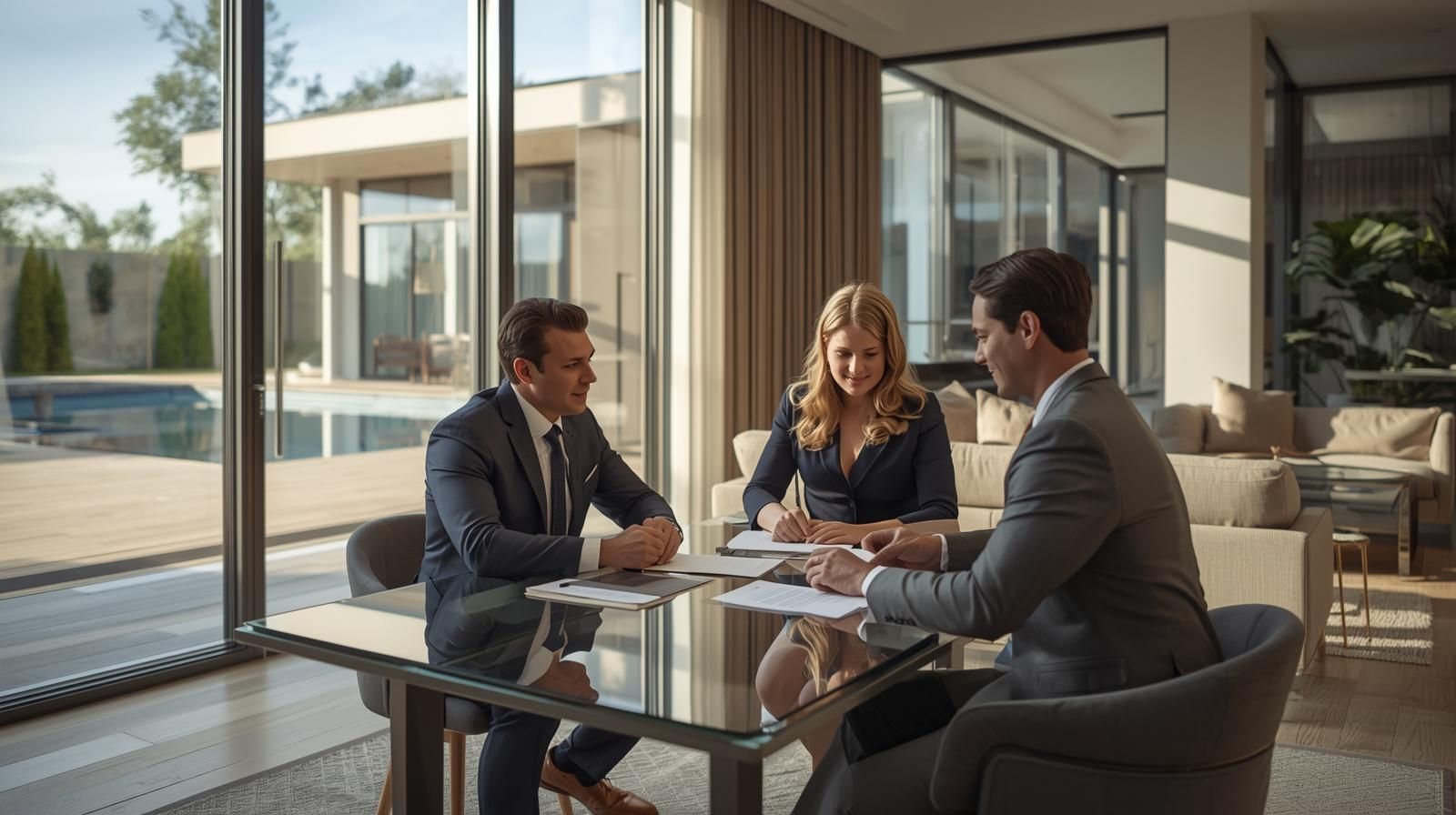 Realtor discussing luxury home purchase strategy with clients in Woodland Park NJ.