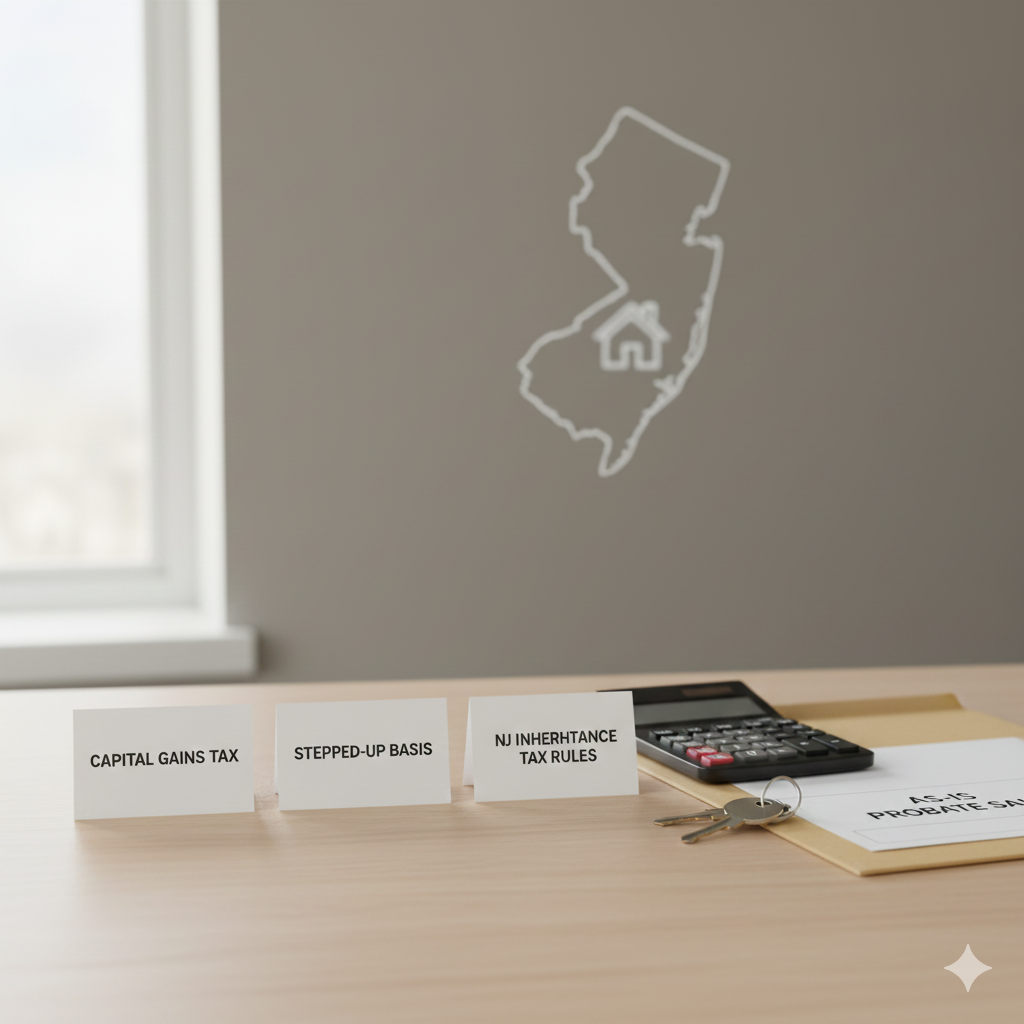 Create a clean and professional desktop scene showing three labeled cards arranged neatly on a light wooden desk. The cards should read Capital Gains Tax, Stepped-Up Basis, and NJ Inheritance Tax Rules. Include supporting items such as a calculator, a pair of house keys, and a file folder labeled As-Is Probate Sale. Use soft natural window light and a neutral background. Add a subtle outline of the New Jersey map or a simple house icon on the wall behind the desk to suggest location. Style it like a modern real estate or probate tax educational image, minimal and informative, with no people.