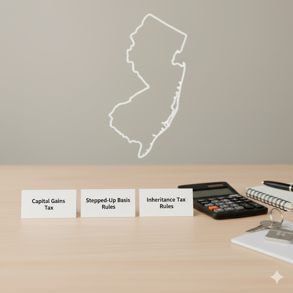 Desk with labeled cards for capital gains tax, stepped-up basis rules, and inheritance tax rules, along with a calculator and keys, symbolizing taxes on inherited property in New Jersey.