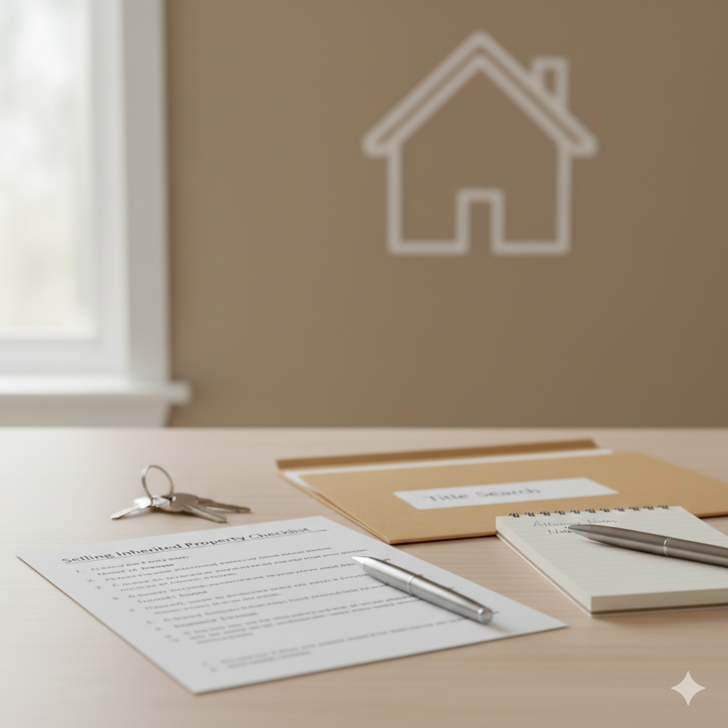 Selling inherited property checklist with house keys, title search documents, and attorney notes on a desk, representing the probate home sale process in North Jersey.