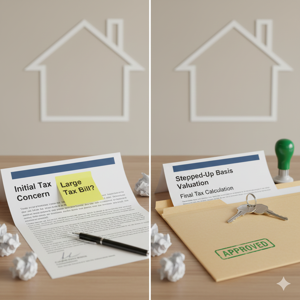 Executor tax concern versus stepped-up basis valuation and approved documents, illustrating how taxes on inherited property in NJ can be minimized.