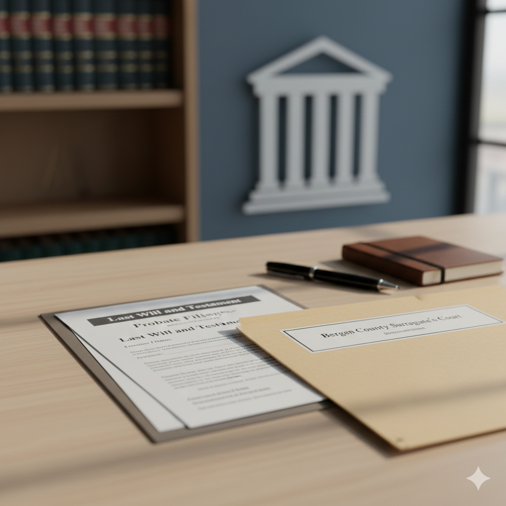 Desk with probate documents including a Last Will and Testament and a folder labeled Bergen County Surrogate&rsquo;s Court, symbolizing the probate process in Bergen County.