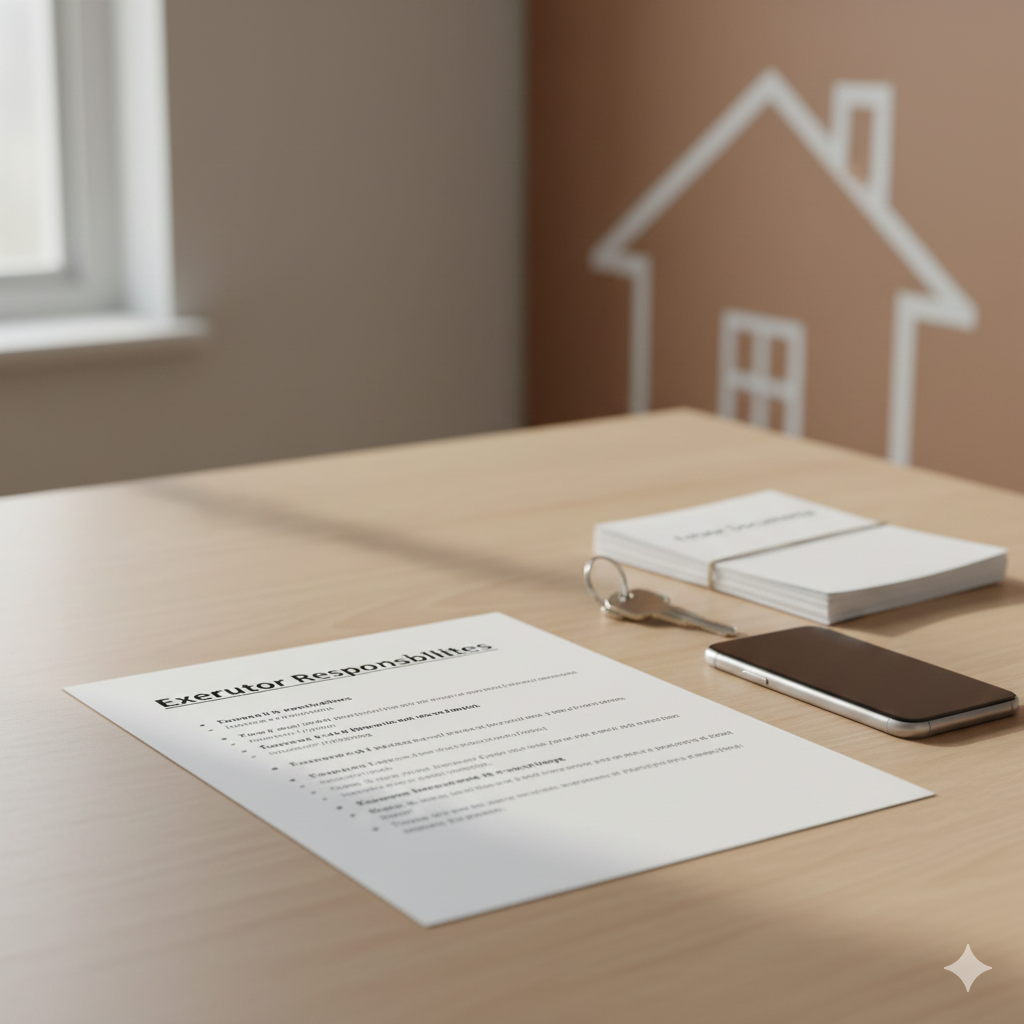 Executor responsibilities checklist with house keys and documents on a desk, representing the process of selling an inherited home in North Jersey during probate.