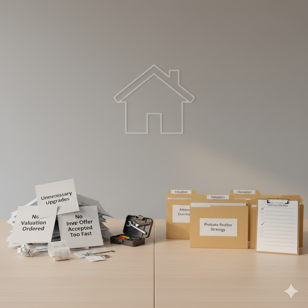 Organized probate files and checklist beside a cluttered pile of common executor mistakes when selling estate property as-is.