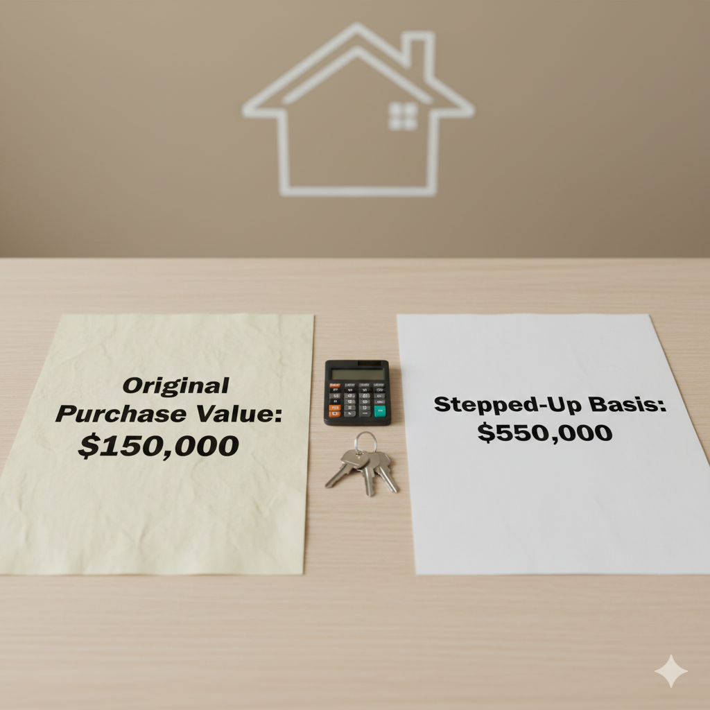 Side by side documents showing original purchase value of $150,000 and stepped-up basis of $550,000 with a calculator and house keys, illustrating how stepped-up basis reduces taxes on inherited property in New Jersey.