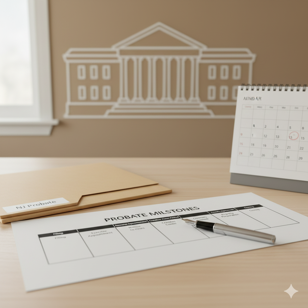 Desk with a printed New Jersey probate timeline labeled probate milestones, an NJ Probate folder, a pen, and a calendar, symbolizing the steps in the New Jersey probate process.