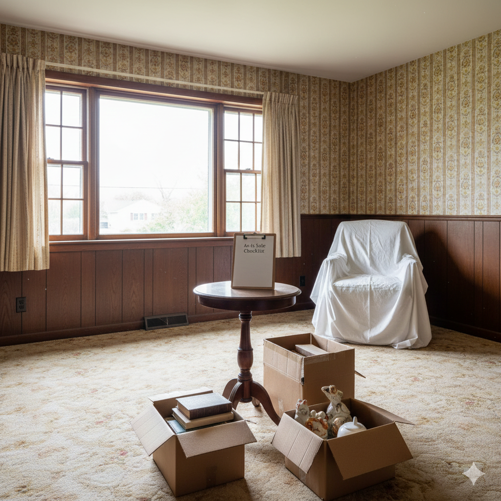 Outdated New Jersey estate home prepared for an as is sale showing boxed belongings, dated wallpaper, old carpeting, and a table with an As Is Sale Checklist, representing a typical probate property in Saddle Brook.