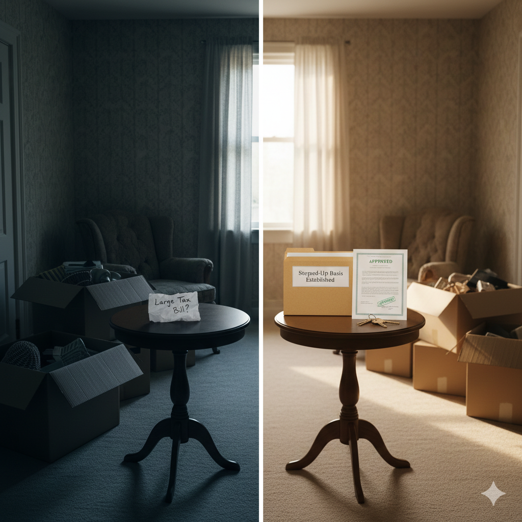 Before and after scene of an inherited Saddle Brook home showing tax worry versus stepped-up basis approval for selling estate property as-is.