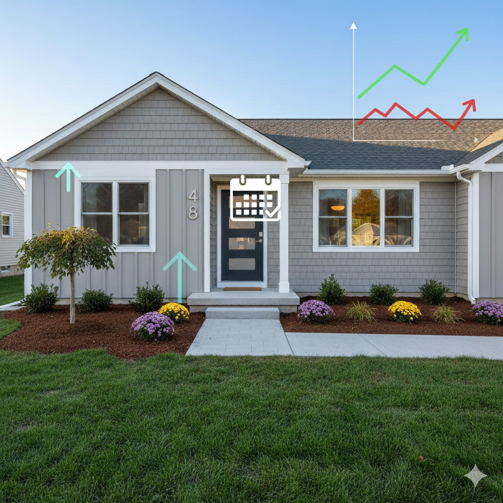 Saddle Brook style home with digital overlay of market timing graphics, including calendar icons, upward arrows, and trend lines, illustrating how analyzing real estate market trends in Bergen County helps sellers choose the best time to list their house in New Jersey.
