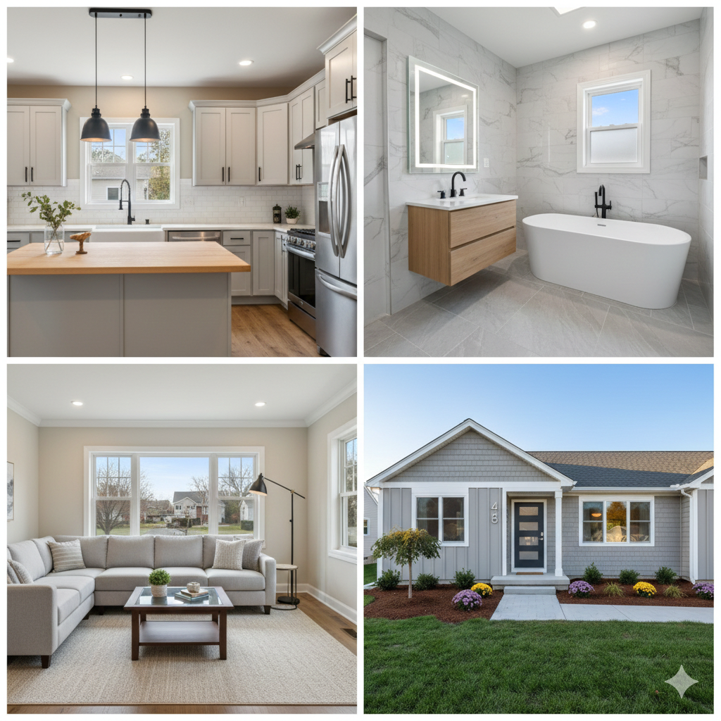 Collage of updated North Jersey home improvements showing a modern kitchen with new cabinets and lighting, a renovated bathroom with contemporary finishes, a bright staged living room, and improved curb appeal with fresh landscaping to illustrate cost effective upgrades that increase home value for Saddle Brook sellers.