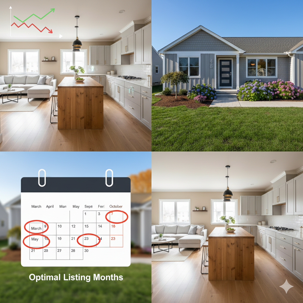 Front view of a Saddle Brook style home with digital overlays of a calendar icon, upward arrows, and trending market graphs illustrating best practices for timing your home sale and understanding real estate market cycles in Bergen County.