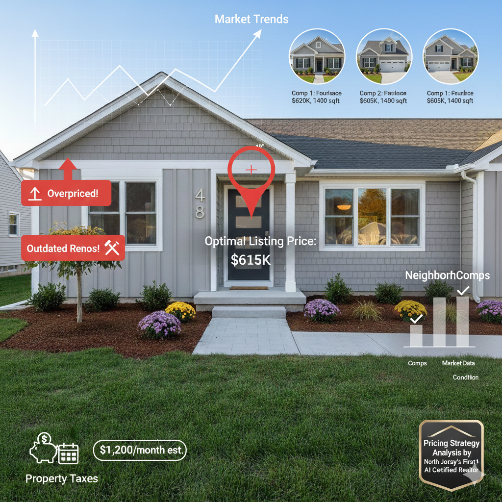 Saddle Brook home with digital overlays showing optimal listing price, neighborhood comps, market trend charts, property tax impact, pricing mistake warnings such as overpricing and outdated renovations, and a badge indicating pricing strategy analysis by North Jersey’s First AI Certified Realtor.