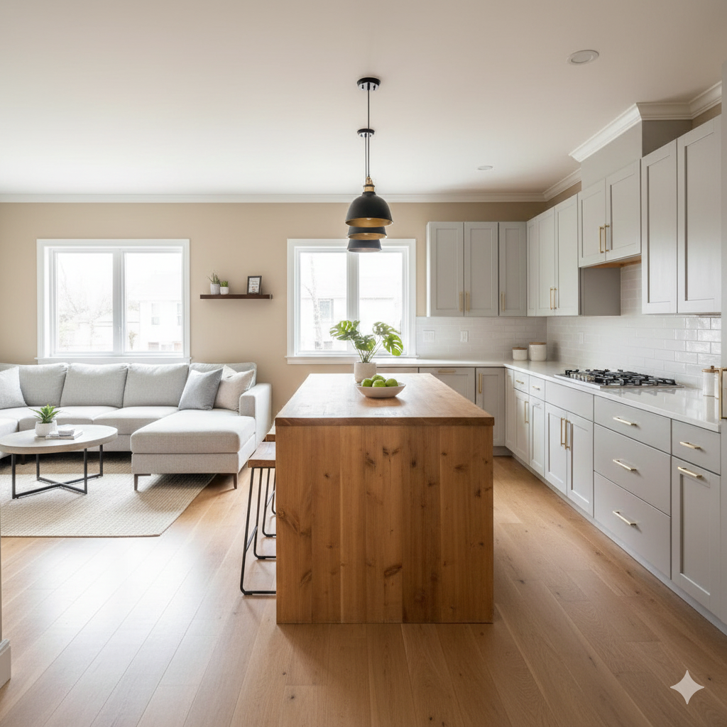 Modern North Jersey kitchen and living space with updated cabinets, wood island, neutral paint, and natural light showcasing cost effective home improvements that increase value for Saddle Brook sellers.