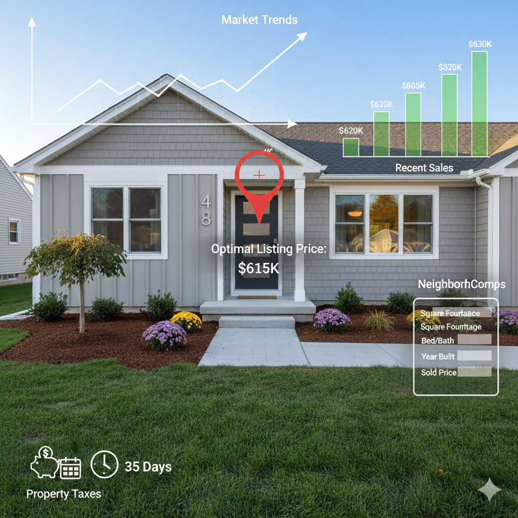 Saddle Brook home with digital overlays showing market trends, recent sales bar chart, optimal listing price, property tax icon, days on market, and neighborhood comps to illustrate how market data and comparable sales determine accurate home pricing in Bergen County.