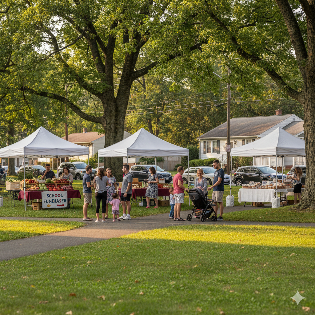 Families attending a Bergen County community event in a neighborhood park, with school fundraisers, local vendors, and a family-friendly atmosphere near Saddle Brook NJ.