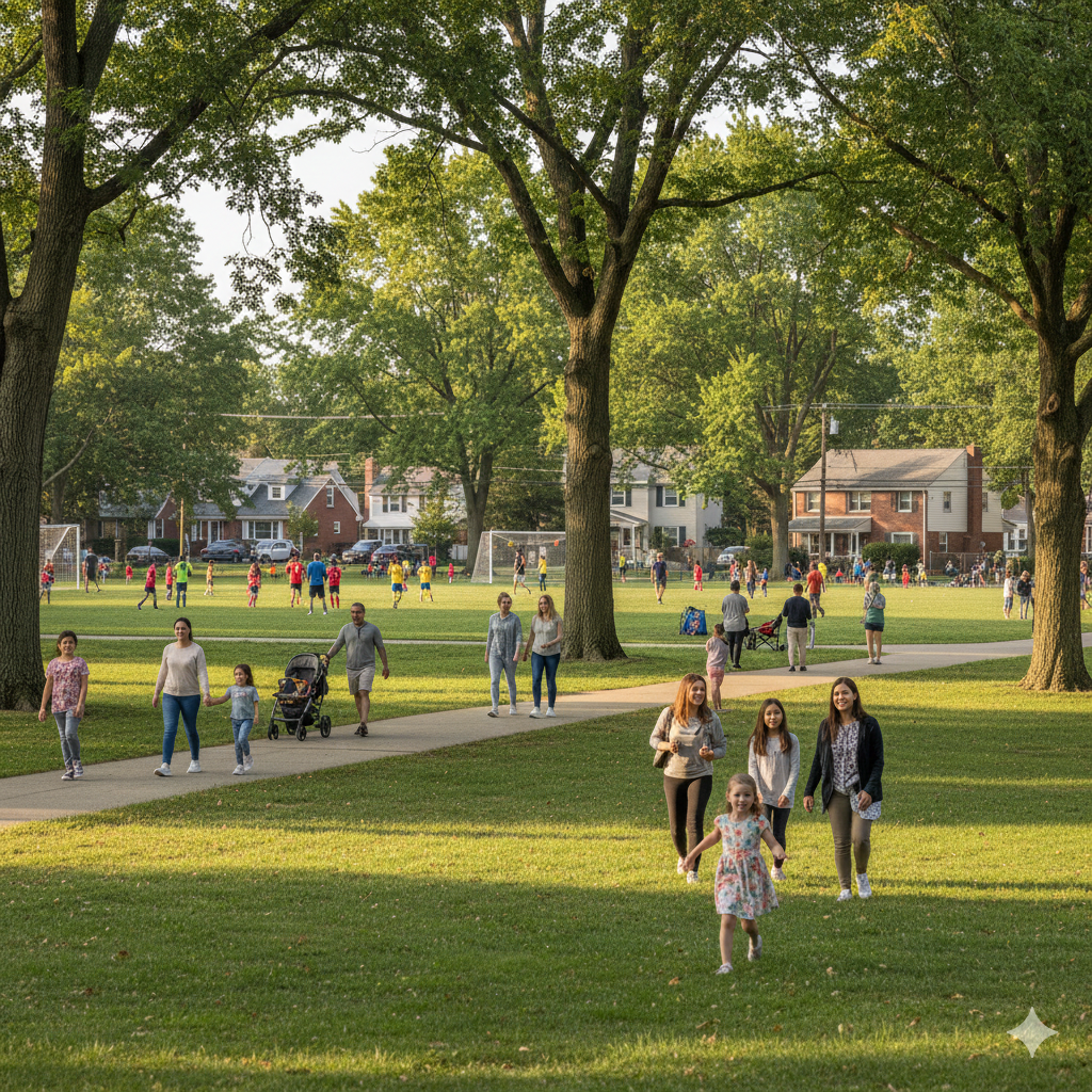 Families enjoying a community weekend event in a Saddle Brook NJ park, with kids playing sports, neighbors walking, and a relaxed suburban atmosphere.