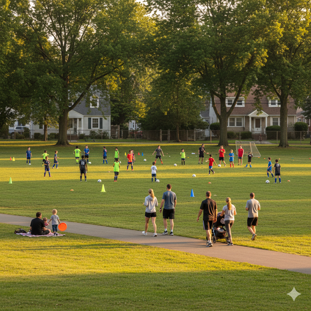 Youth soccer practice and families enjoying Saddle Brook recreation programs at a local park, showing an active, family-friendly community environment.