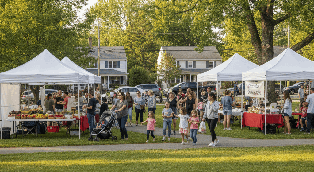 Families attending a community farmers market event in Bergen County, NJ, with local vendors, neighborhood homes, and a relaxed, family-friendly atmosphere.