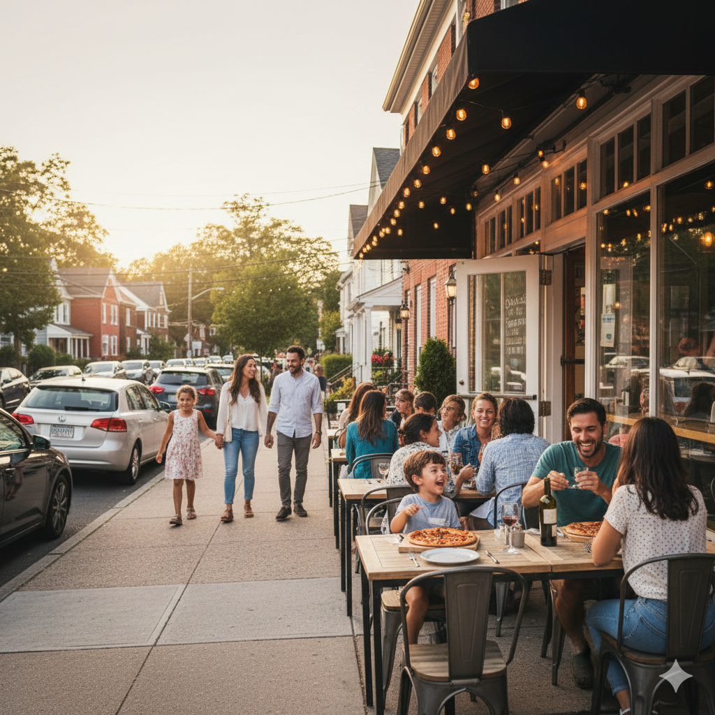 Families and locals dining outdoors at a neighborhood restaurant in Saddle Brook NJ, showing a relaxed, family-friendly dining scene with nearby homes and street parking.