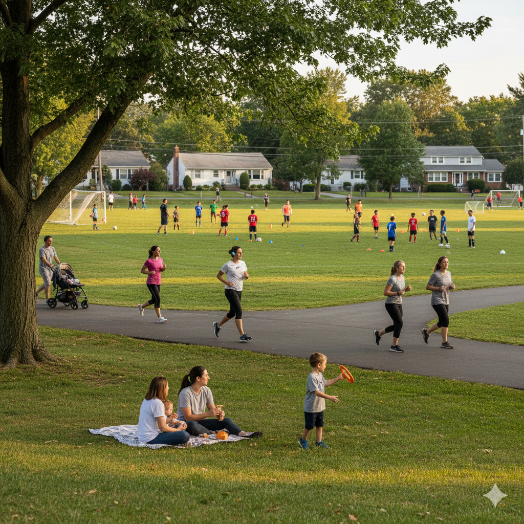 Families using Saddle Brook recreation programs at a neighborhood park, with youth soccer practice, adults exercising, and children playing in a family-friendly community setting.