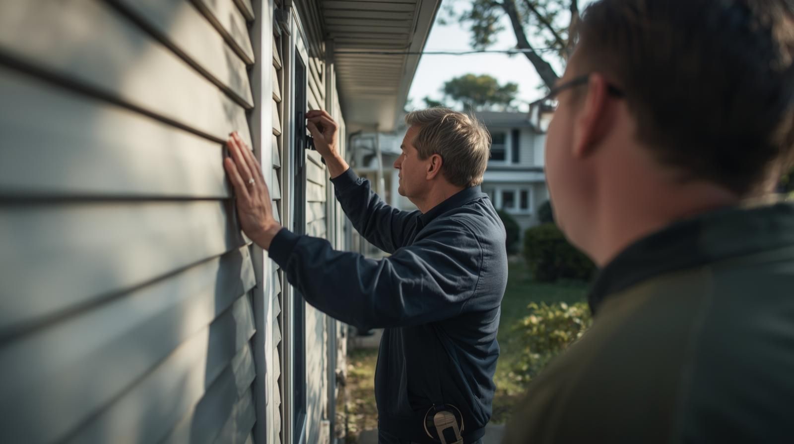 Home inspector examining exterior siding and window condition on a North Jersey residential home, illustrating the importance of home inspections and buyer due diligence before closing.