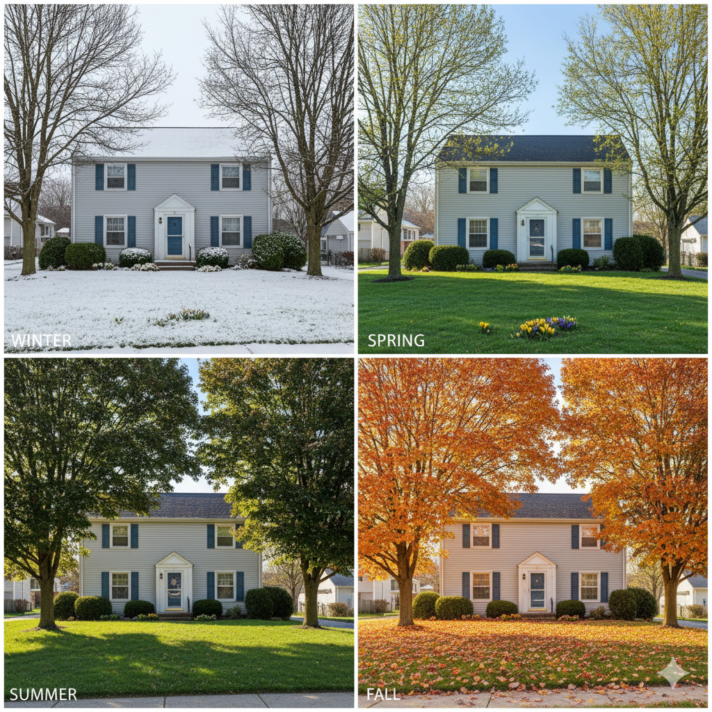 Seasonal views of a North Jersey home in winter, spring, summer, and fall, showing how changing weather conditions affect roof, drainage, landscaping, and inspection considerations for home buyers.