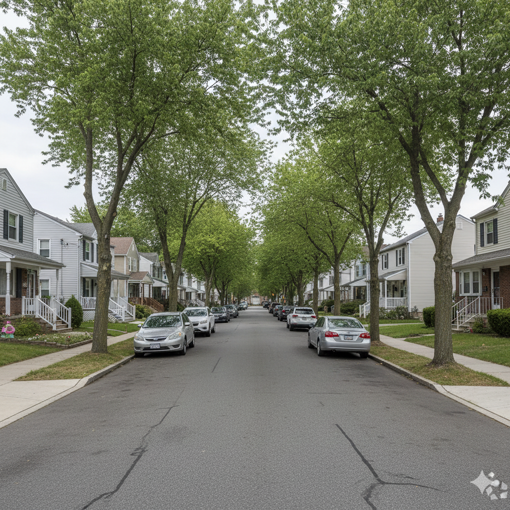 Tree-lined residential street in Elmwood Park, New Jersey with single-family and two-family homes, parked cars, and sidewalks, showing the typical Elmwood Park real estate market and neighborhood feel.