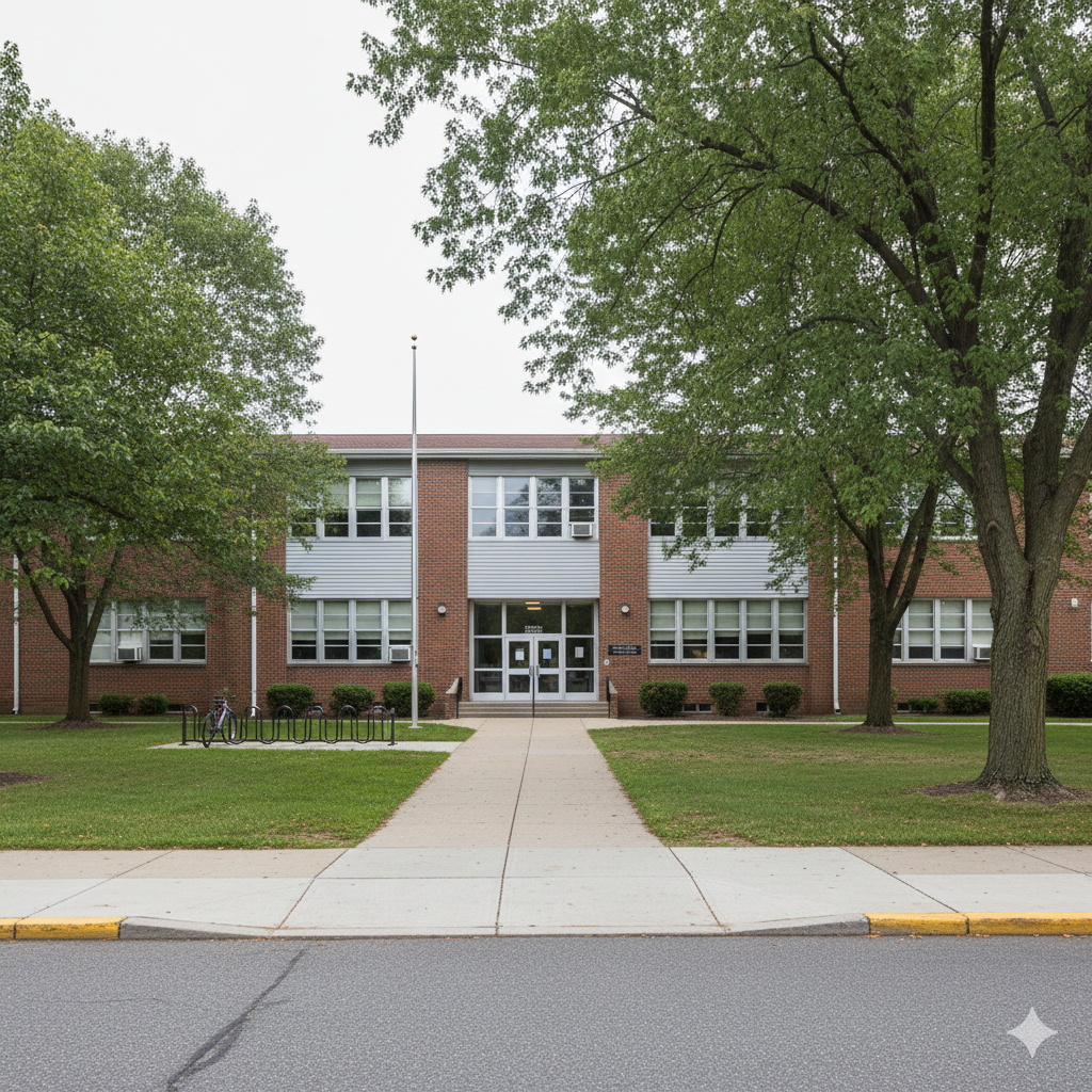 Public school building in Elmwood Park, New Jersey with a clean entrance, trees, and sidewalks, representing the Memorial School District and local education options for home buyers.